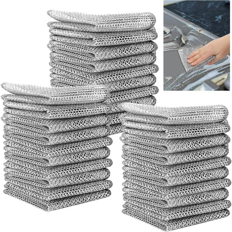 30Pcs Magic Dishcloth Silver Wire Cleaning Kitchen Cloth Thickened Microfiber Wash Towel Built-In Sponge Steel Wire Ball Rag