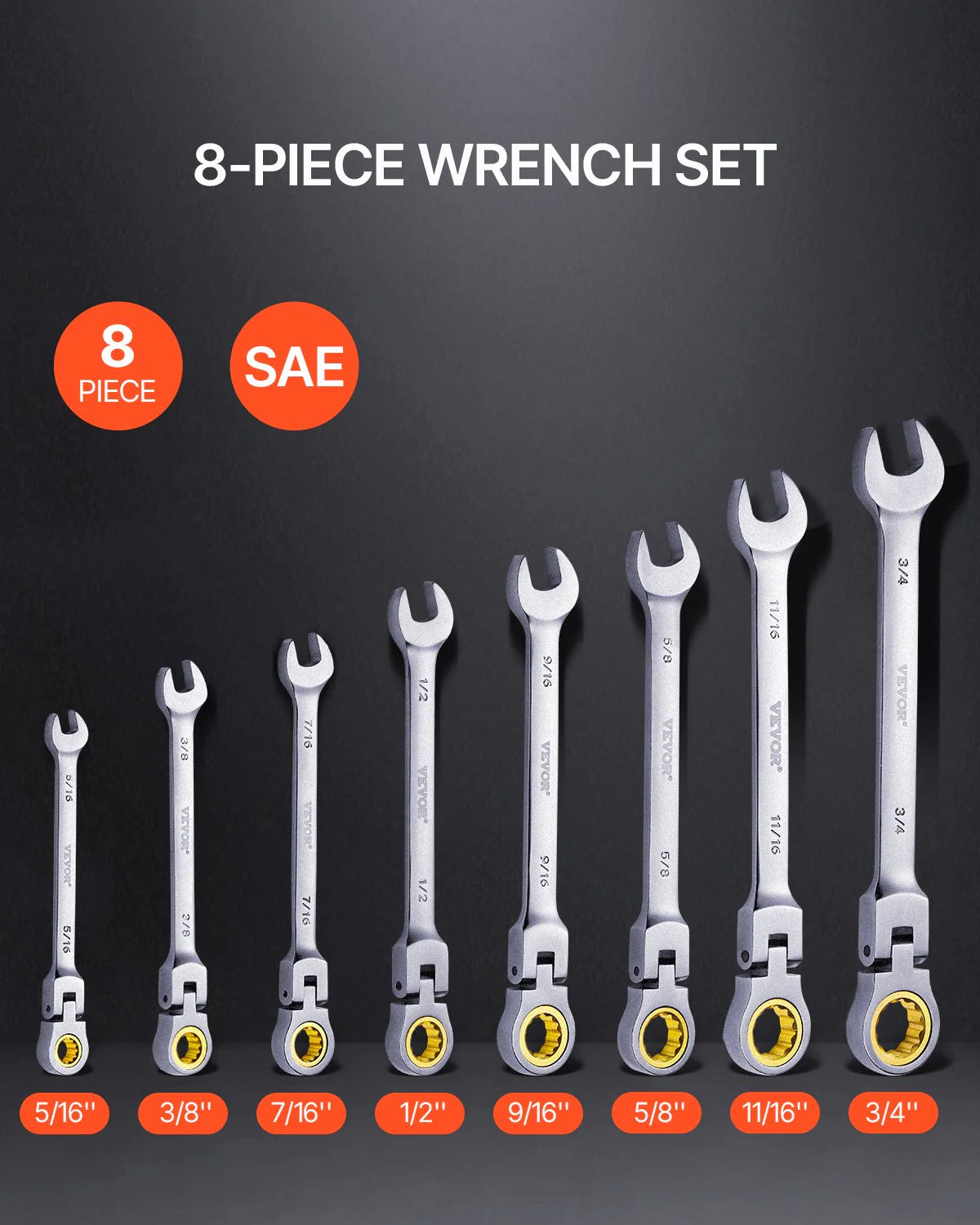 VEVOR Flex-Head Ratcheting Wrench Set 8 PCS SAE 5/16-3/4 with Roll-Up Pouch