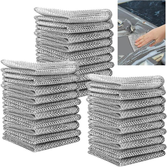 30Pcs Magic Dishcloth Silver Wire Cleaning Kitchen Cloth Thickened Microfiber Wash Towel Built-In Sponge Steel Wire Ball Rag