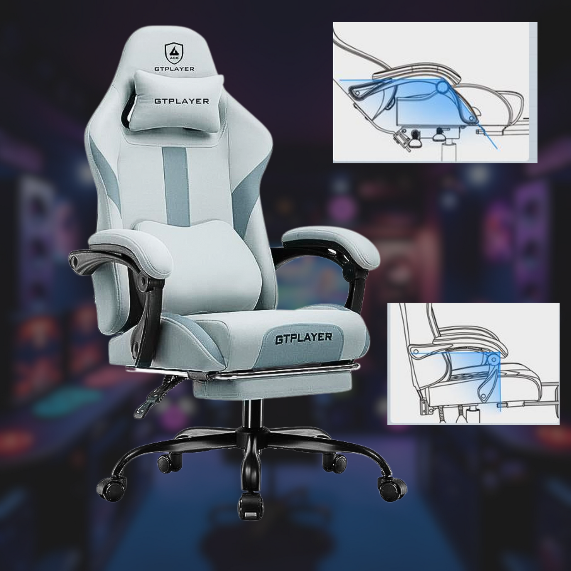 【Springtok】Gtplayer Gaming Chair, Technical Fabric Office Chair with Pocket Spring Cushion, Linkage Armrests and Footrest, High Back Ergonomic Chair Springtok Adjustable