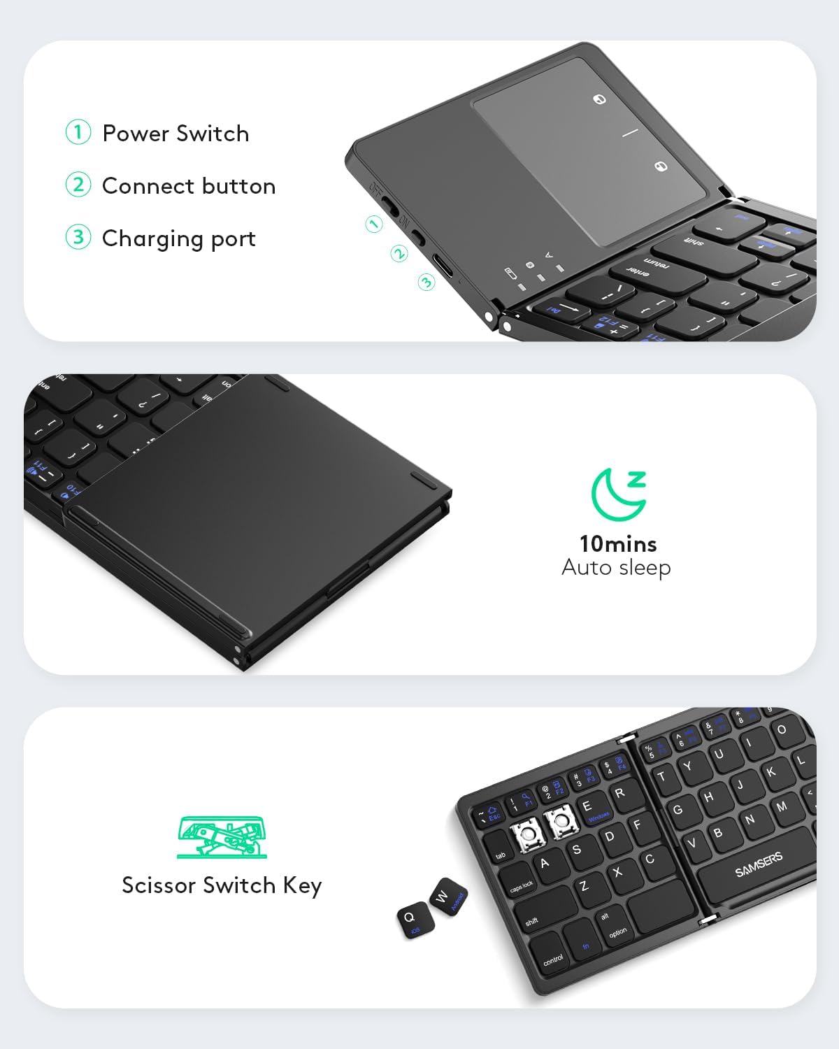 Wireless Folding Keyboard Bluetooth Keyboard with Touchpad for Windows Android IOS Phone MultiFunction Button Mini Keyboard