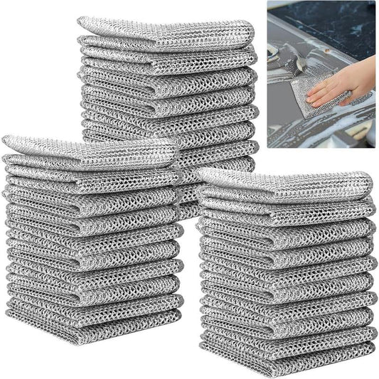 30Pcs Magic Dishcloth Silver Wire Cleaning Kitchen Cloth Thickened Microfiber Wash Towel Built-In Sponge Steel Wire Ball Rag